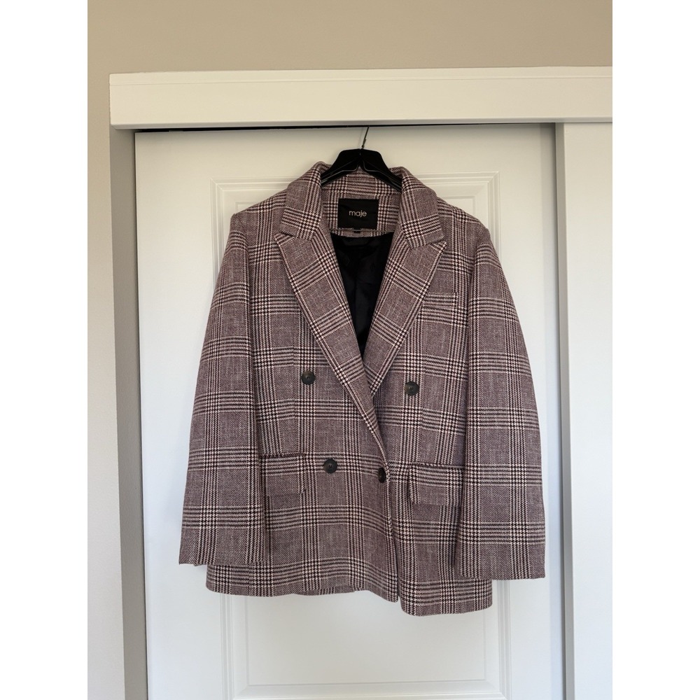 MAJE Vinone Plaid Blazer In Burgundy Size‎ 2 Double Breasted Tweed Check preppy